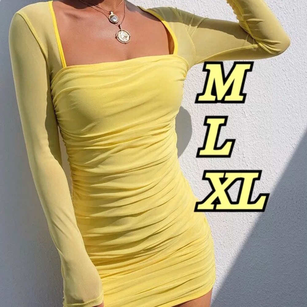NWT yellow lemon scrunchback mesh sleeve square neck mini dress price is firm